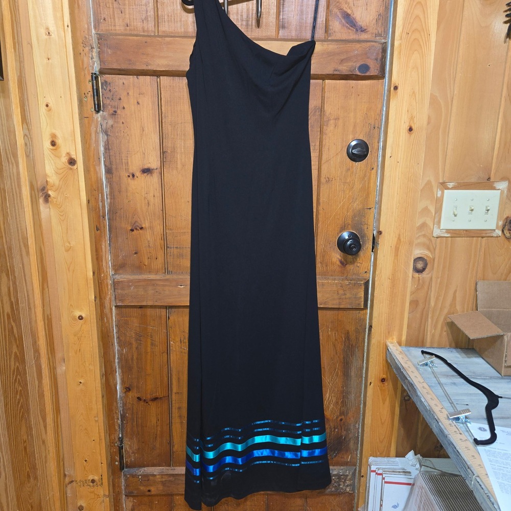 Papell Boutique Evening One Shoulder Gown Black Blue Ribbon Hem Maxi Dress 12